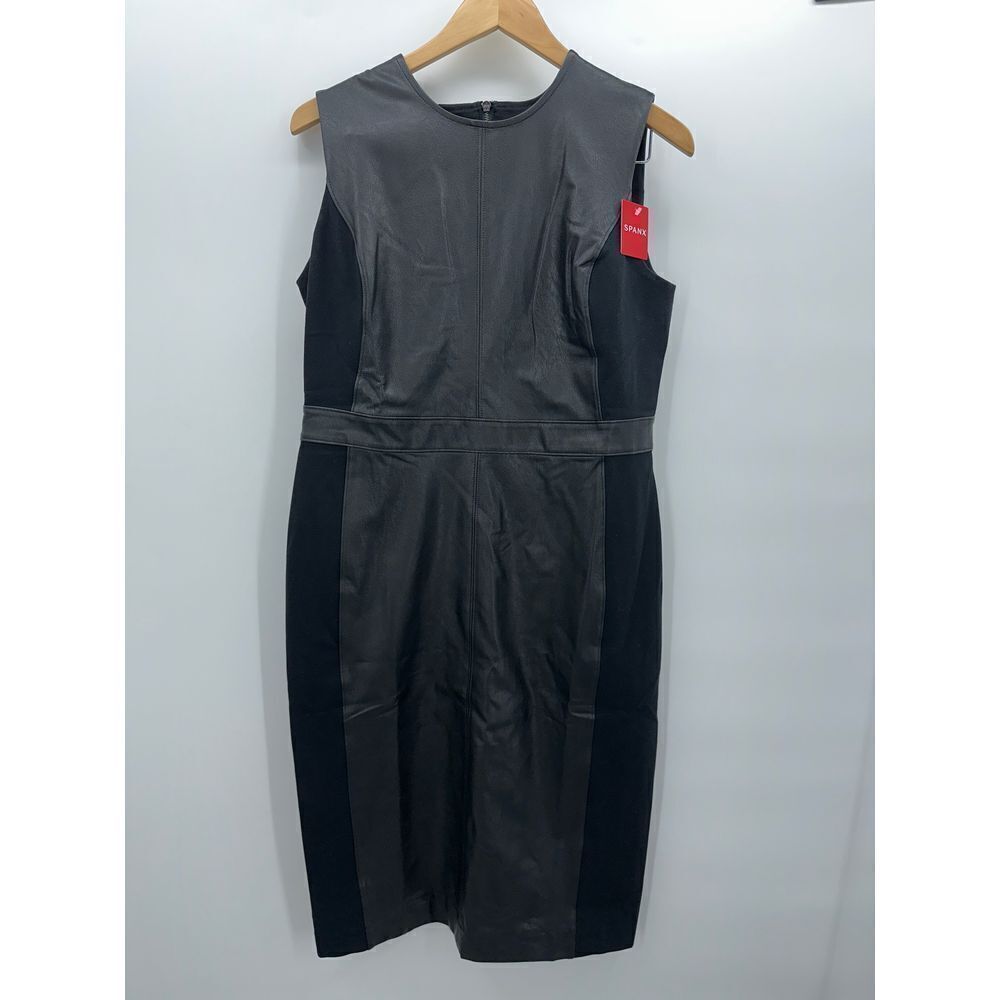 SPANX Women's Black Leather Like Sleeveless Mixed Media Sheath Dress NWT Size XL - Picture 3 of 11